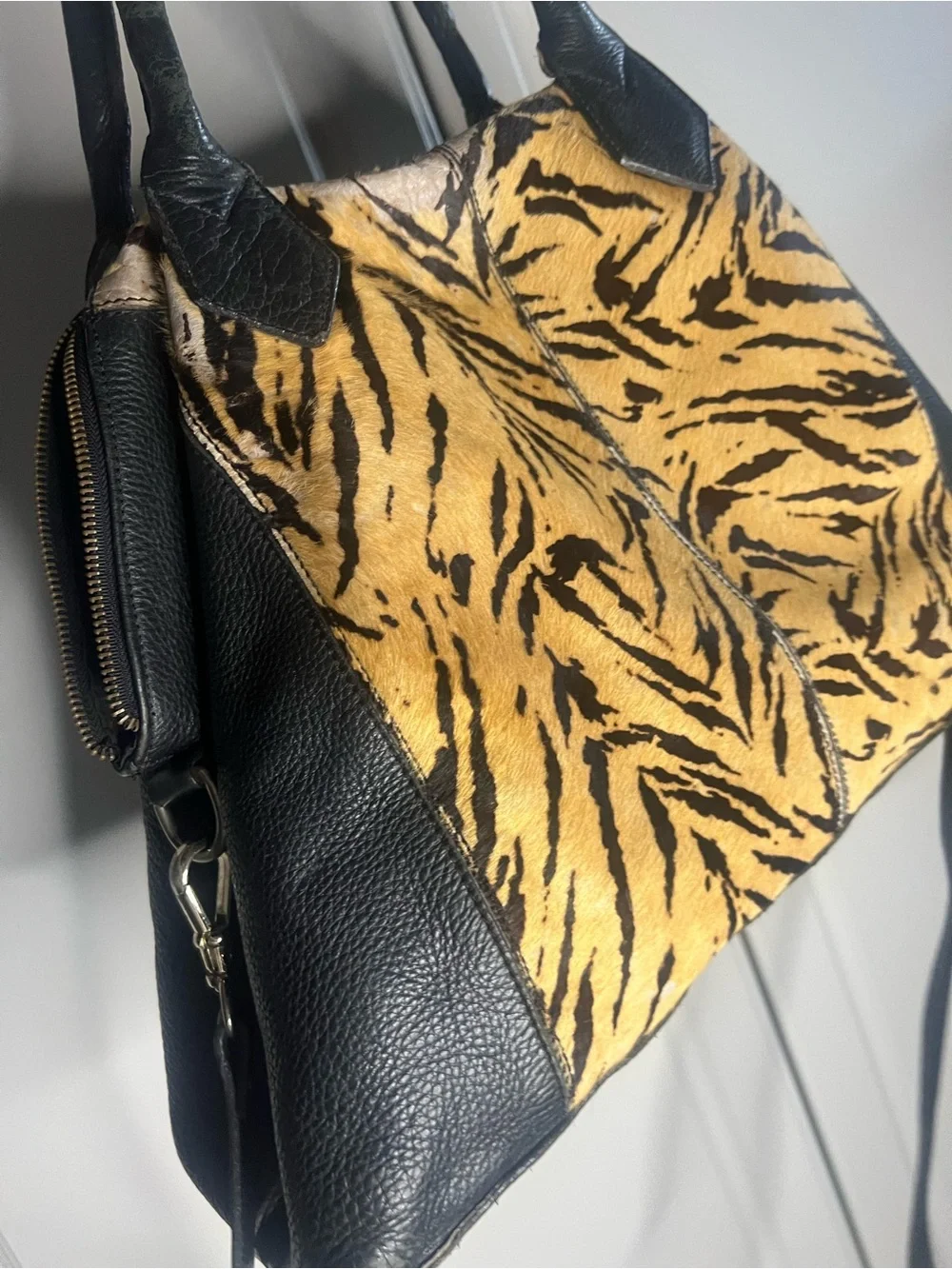Y2K Shoestock Tiger Calf Hair Leather Satchel Fringe Bag